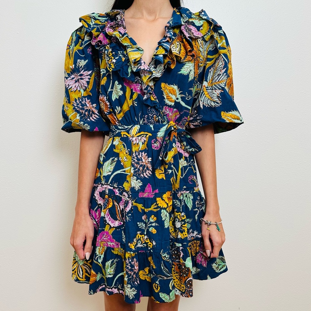 House of Harlow 1960 Mini Floral Wrap Dress Boho Ruffle Puff Sleeve - Picture 3 of 12